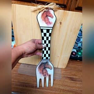 Vintage Decorative Glazed Ceramic Wall Fork with Handpainted Horses